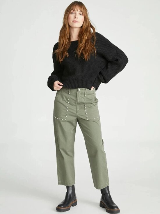 DRIFTWOOD Pants - New Driftwood Boyfriend Trouser Pants Studded Crop Utility Pocket Army Green 27